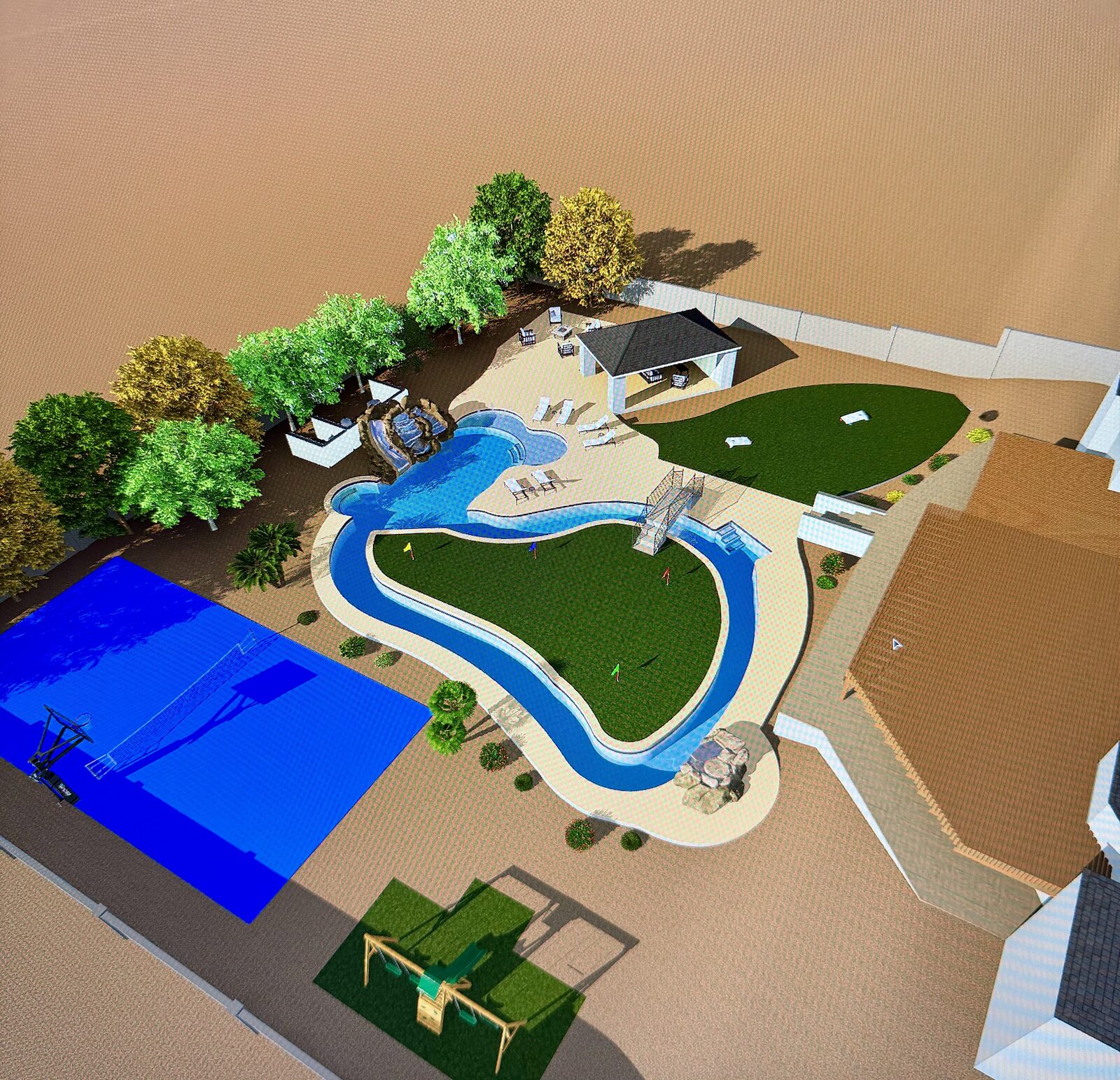 3D design rendering of the planned lazy river, putting-green island, bridge, and rockslide grotto, overlaid on the existing backyard